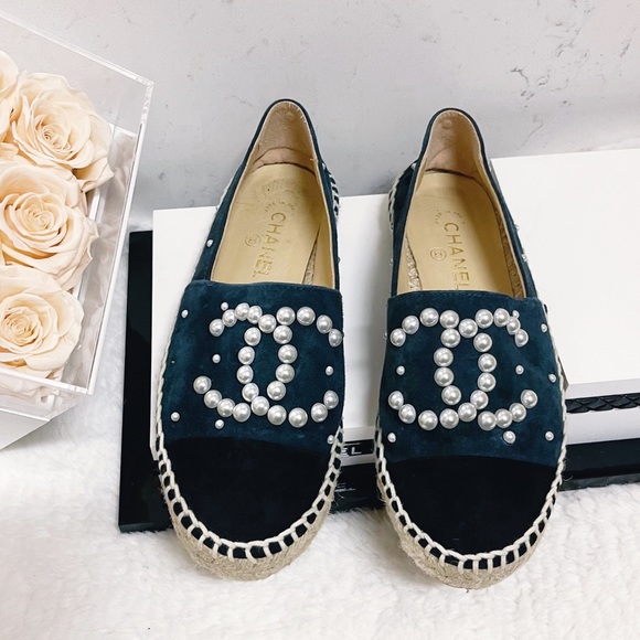 CHANEL Shoes - Authentic CHANEL Stunning Pearl CC Dark Teal Suede Espadrilles